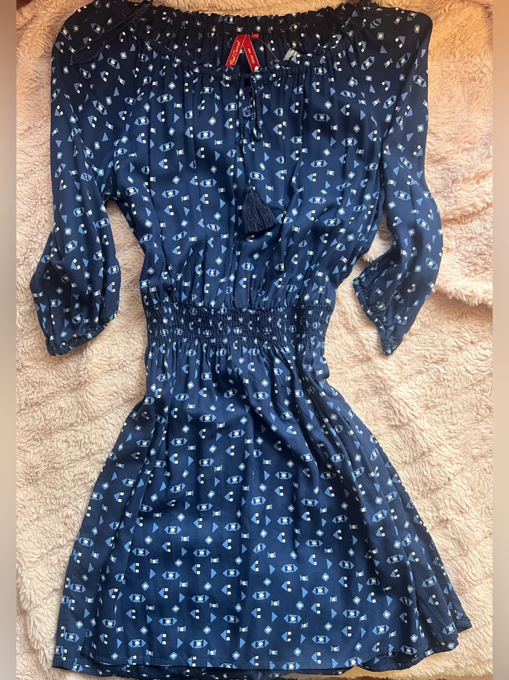 Red Camel Navy Boho Beach Dress w. Smocked Waist & Tassel | Med (Juniors) | NWOT